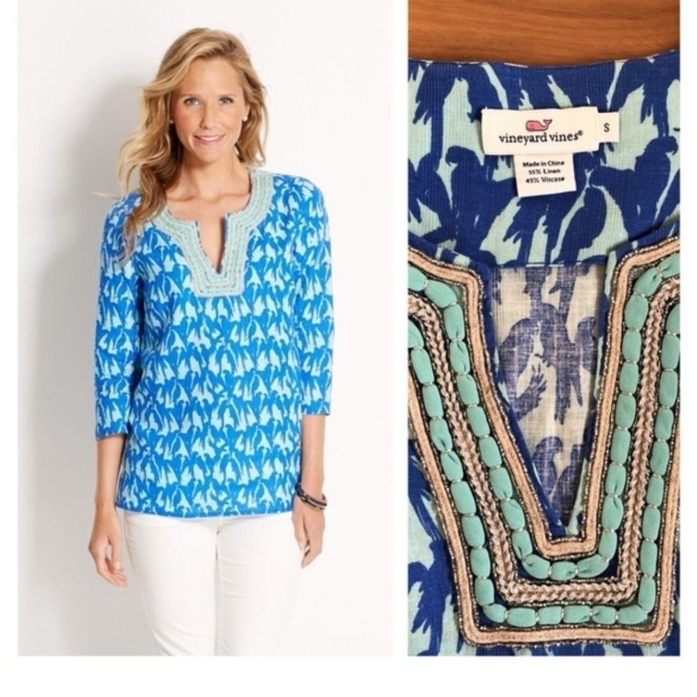 Vineyard Vines Lucaya Tunic Top XS Blue Linen Tropical Parrot 3/4 Sleeve Coastal